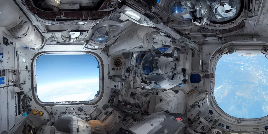 Image similar to inside the iss interior looking out of a futuristic window onto earth, photorealistic, hyperdetailed, sci - fi, atmospheric, artstation