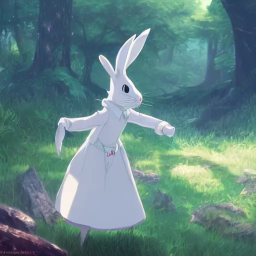 Image similar to concept art painting of an anthropomorphic white rabbit wearing a turquoise dress, in the deep forest, realistic, detailed, cel shaded, in the style of makoto shinkai and greg rutkowski and james gurney