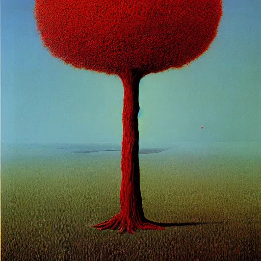 Prompt: tree b by zdzisław beksinski and rene magritte