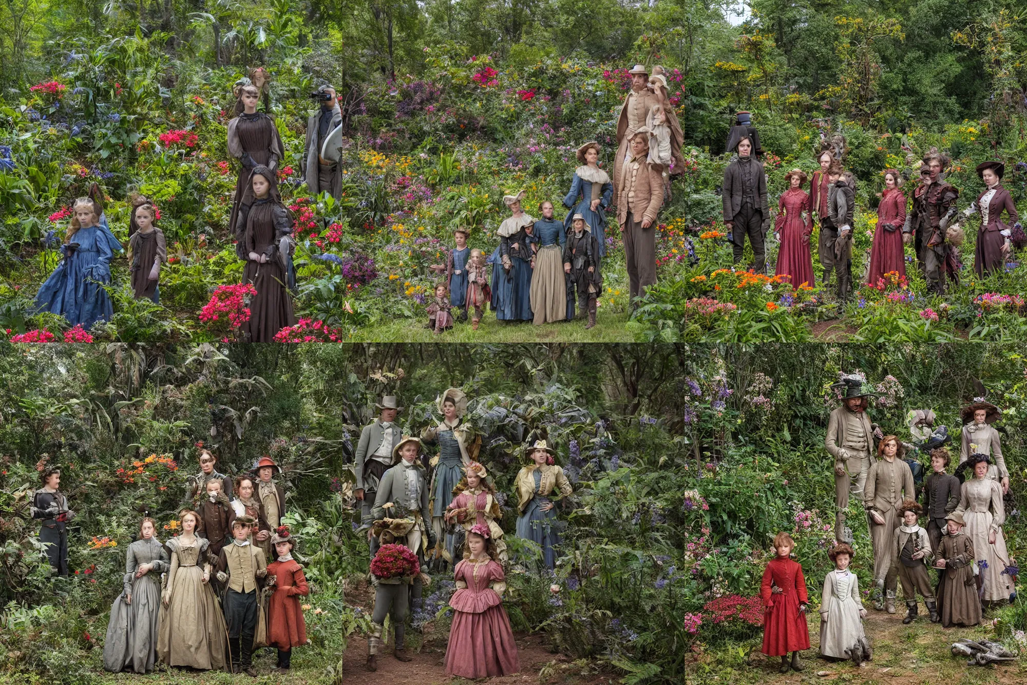 Prompt: sharp, highly detailed, 36864k film, 175000mm film still from a sci fi blockbuster color movie made in 2019, set in 1860, of a family standing in a park, next to some strange alien plants and flowers, on an alien planet, the family are all wearing 1860s era clothes, good lighting, enhanced faces 10x, 70000mm f/2.8L lens