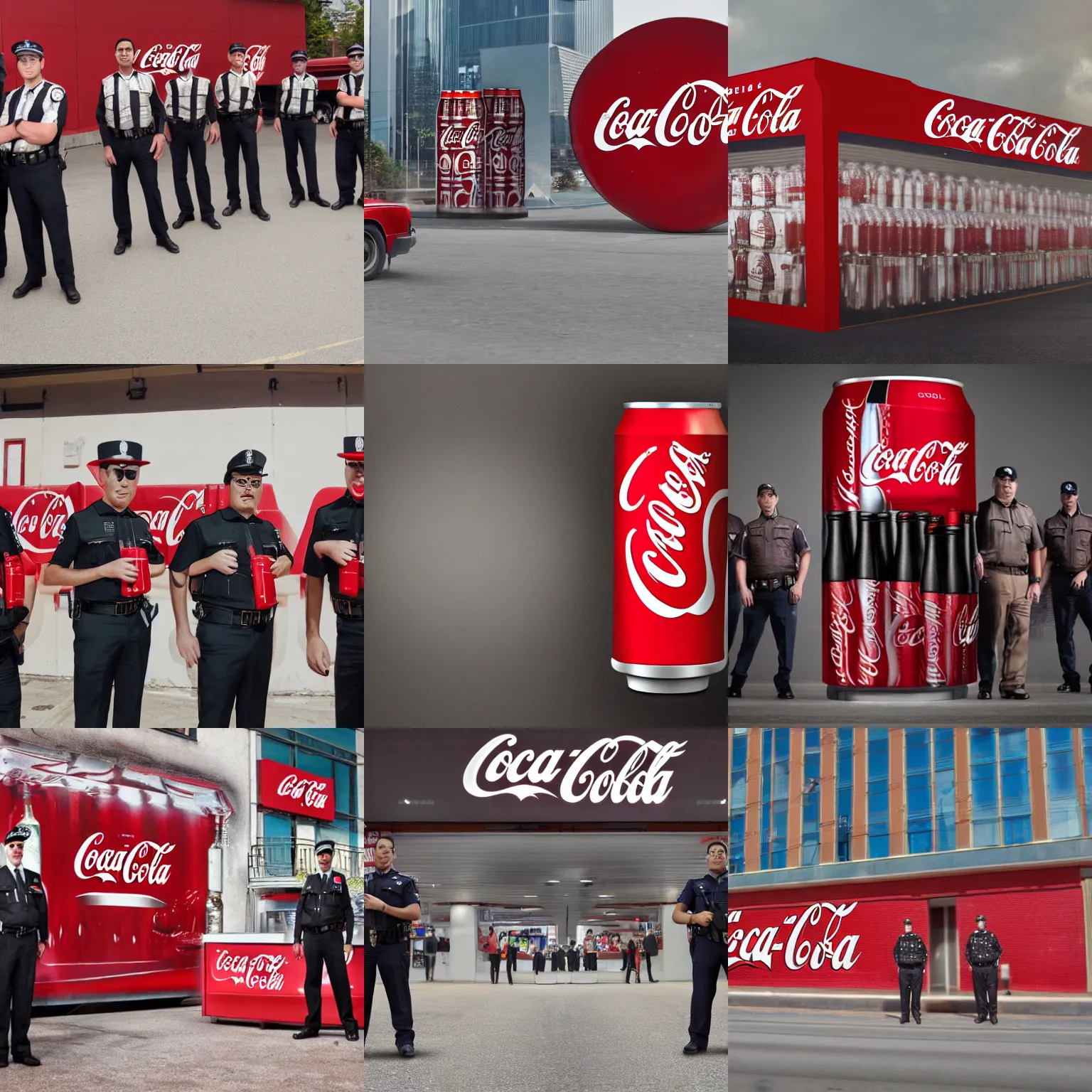 Prompt: Long shot photograph of the coca cola police, 4k, ultra HD