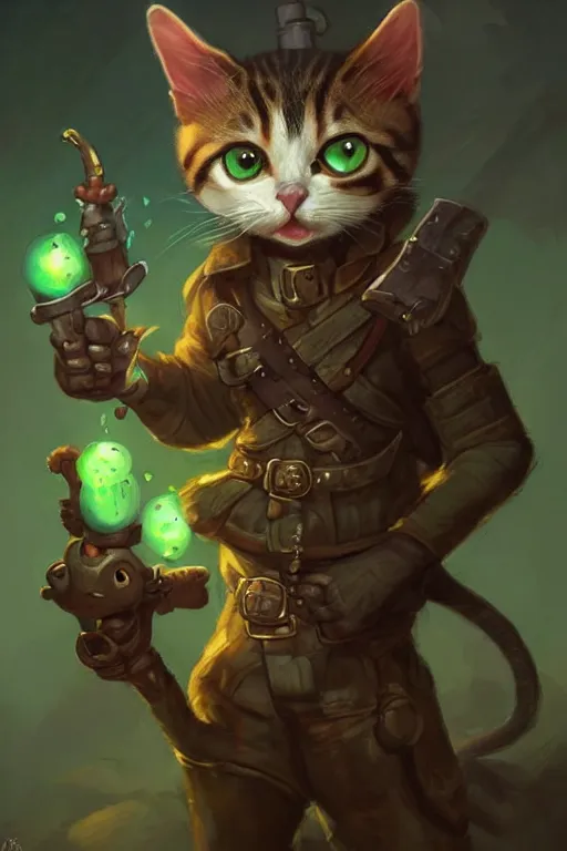 Image similar to cute little anthropomorphic Cat with big green eyes, tiny, small, short, Tank driver outfit, cute and adorable, pretty, beautiful, DnD character art portrait, matte fantasy painting, DeviantArt Artstation, by Jason Felix by Steve Argyle by Tyler Jacobson by Peter Mohrbacher, cinematic lighting