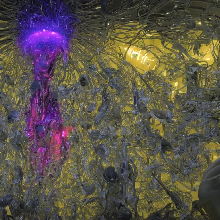 Image similar to octane render portrait by wayne barlow and carlo crivelli and glenn fabry, a giant field of colorful glowing alien flowers inside a dark and moody parking garage, cinema 4 d, ray traced lighting, very short depth of field, bokeh