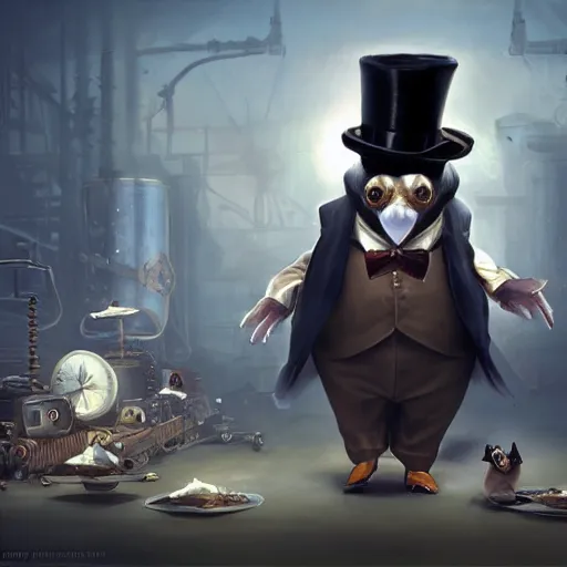 Prompt: oil painting of rich steampunk penguin, wearing top hat, steampunk factory background, hamster running in the background, sharp focus, fantasy style, octane render, volumetric lighting, 8k high definition, by greg rutkowski, highly detailed, trending on art Station, magic the gathering artwork, centered