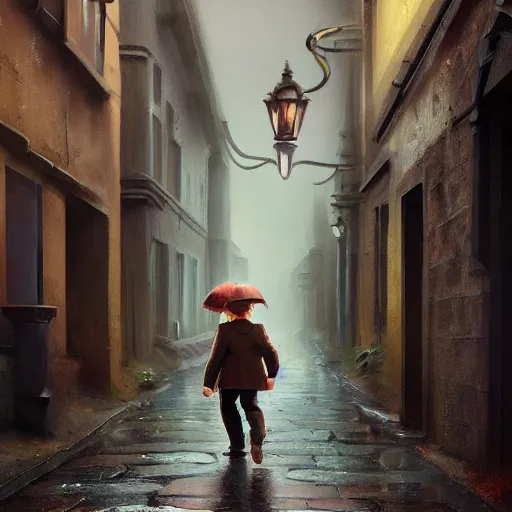 Prompt: brown haired halfling private investigator walking down a Victorian rainy alley in a trenchcoat , artstation, detailed, hyper realistic, 8k, digital art, cinematic