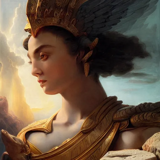 Image similar to Birth of Athena from the head of Zeus, hyperrealism, no blur, 4k resolution, ultra detailed, style of Jonathan Solter, Peter Mohrbacher, Alexander Trufanov, Finnian MacManus, Frank Frazetta, Albert Bierstadt