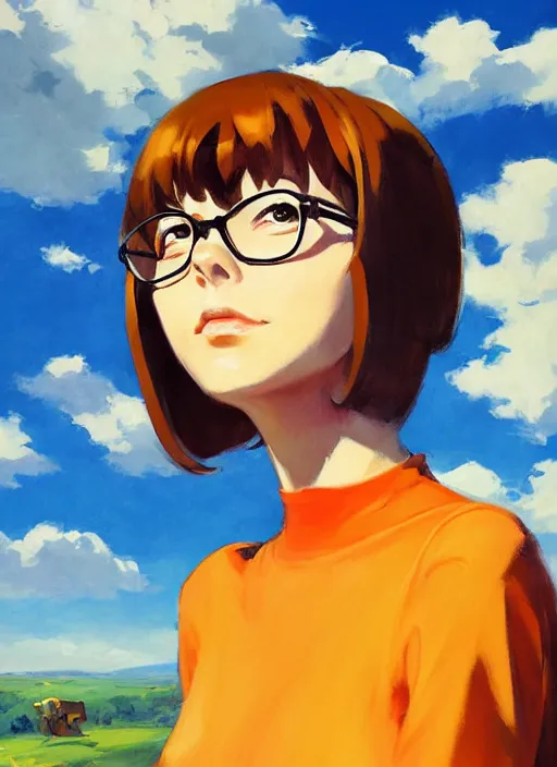 Image similar to Greg Manchess painting of Velma Dinkley, anime style, winged eyelashes, countryside, calm, fantasy character portrait, dark outlines, dynamic pose, above view, sunny day, artwork by Makoto Shinkai, very coherent asymmetrical artwork, sharp edges, perfect face, simple form, 100mm