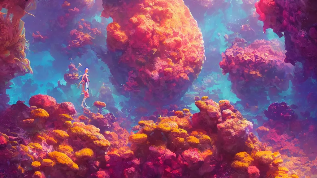 Prompt: ancient alien planet covered in colorful coral reefs on the ground, anthropomorphic fish girls, by sylvain sarrailh, rossdraws, ambient light, ultra detailed, fantasy artwork, 8 k, volumetric lighting, trending on artstation, award winning, beautiful scenery, very beautiful.