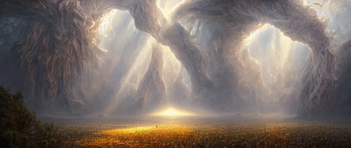 Image similar to A terrifying giant monster made of honey, beautiful atmosphere, god rays, masterpiece digital painting by Alex Grey, Greg Rutkowski, 4k wallpaper