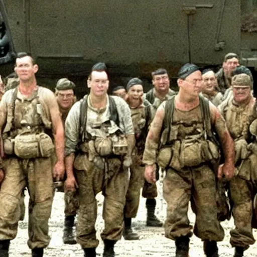 Prompt: movie still from saving private ryan but everyone is obese