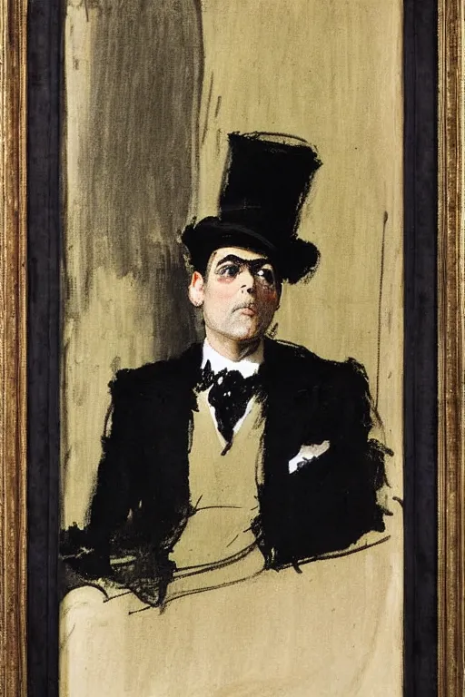 Image similar to psychedlelic portrait of george clooney as a gentleman wearing an edwardian suit and top hat by walter sickert, john singer sargent, and william open