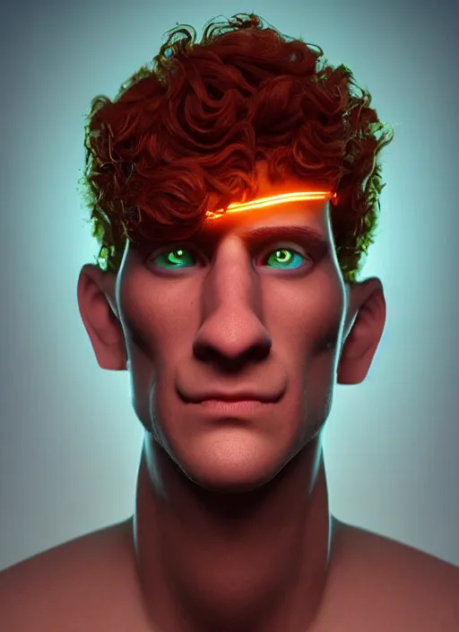 Image similar to glowwave portrait of curly orange hair man, au naturel, hyper detailed, digital art, trending in artstation, cinematic lighting, studio quality, smooth render, unreal engine 5 rendered, octane rendered, art style by pixar dreamworks disney riot games and rockstar games.