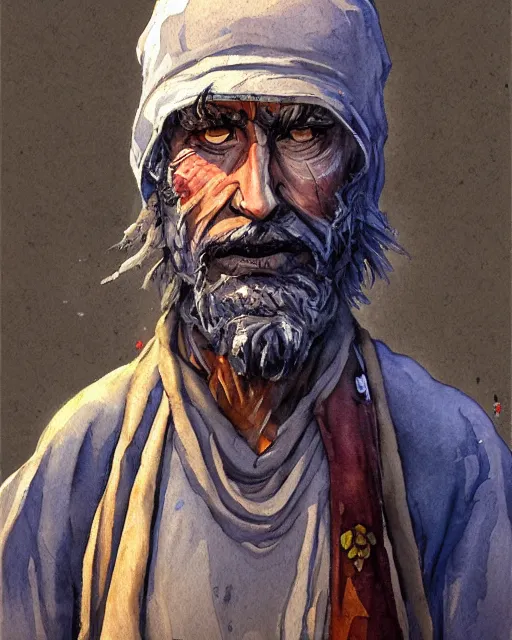 Prompt: a oil / watercolor painting full body character portrait of a homeless sorcerer in the style of moebius in the style of leonard boyarsky trending on artstation deviantart pinterest detailed photorealistic highlights and shadow hd 8 k post - processing high resolution
