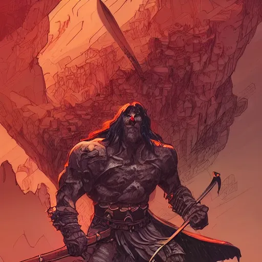 Image similar to cell shaded cartoon, a dark lord conan the Barbarian raising a sword atop a mountain of bones, concept art by josan gonzales and wlop, Laurie Greasley and james jean, highly detailed, sharp focus, Trending on Artstation, HQ, deviantart, art by artgem