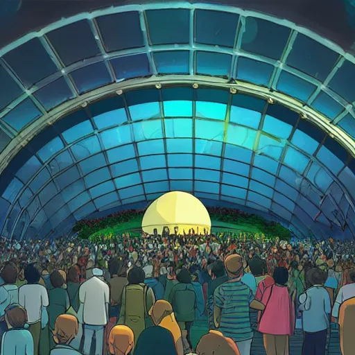 Prompt: illustration of an excited crowd looking at glowing sci fi dome in the centre of a dream city, studio ghibli, ultra hd