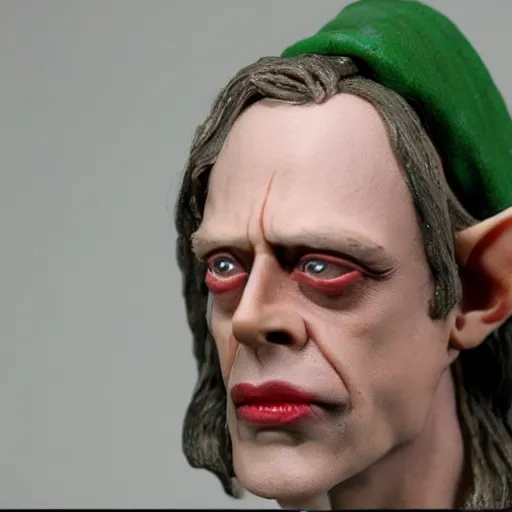 Prompt: Real Stills of wax sculpture Steve Buscemi playing a lord of rings elf in the new upcoming TV show promo ARRIFLEX 435 Camera