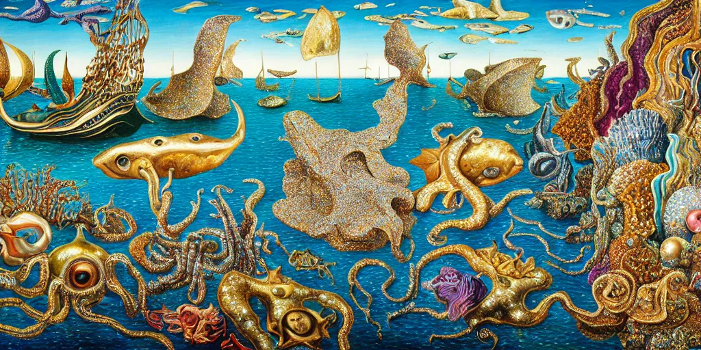 Image similar to sea creatures | shimmery, glittery, metallic, complex, intricate, textured | wide open vista view | gouche on paper by salvador dali by raqib shaw | 8 k