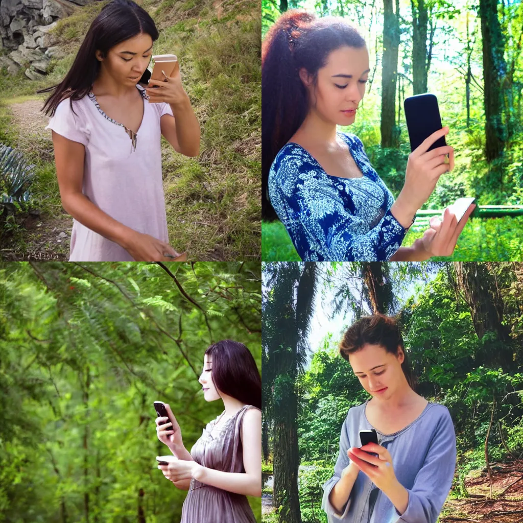 Prompt: nature goddess checking her phone