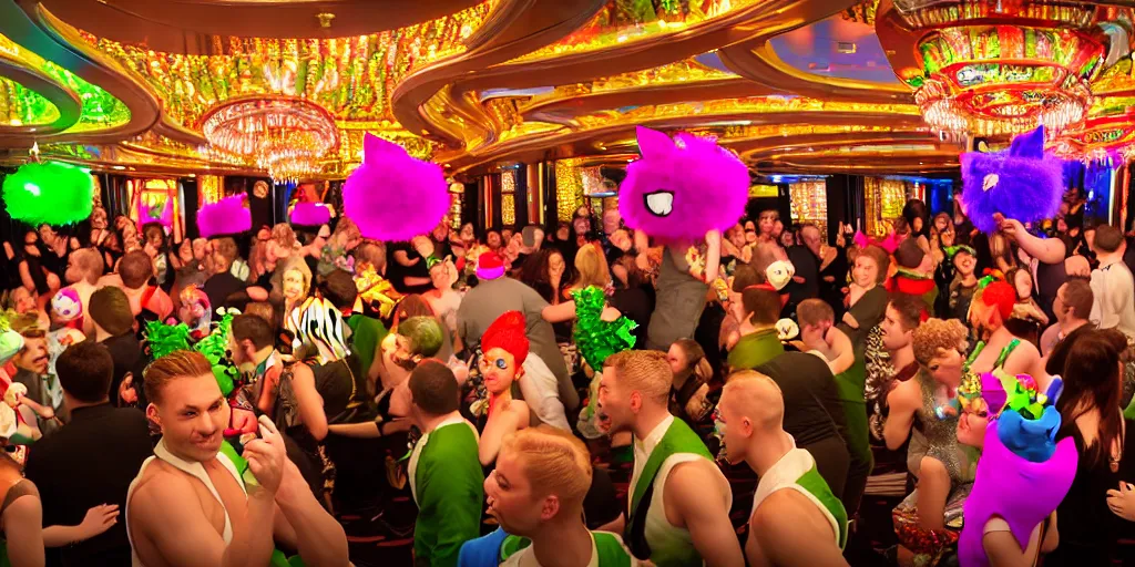 Image similar to 8 k uhd cinema 4 d, octane render of multiple cats dressed as vegetables with vegetables as masks, vegetables dressed as cats with fluffy tails, line dancing at a party, in the ballroom of a luxury cruise liner, beautiful chandeliers from the ceiling, ultra realistic, group photography, 1 0 5 mm lens, multi coloured volumetric lighting