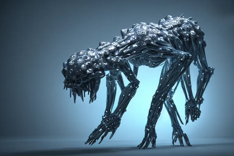 Image similar to diamond creature made out of a humanoid nervous system with large meaty spikes all over the body, cinematic, volumetric lighting, f 8 aperture, cinematic eastman 5 3 8 4 film, photorealistic