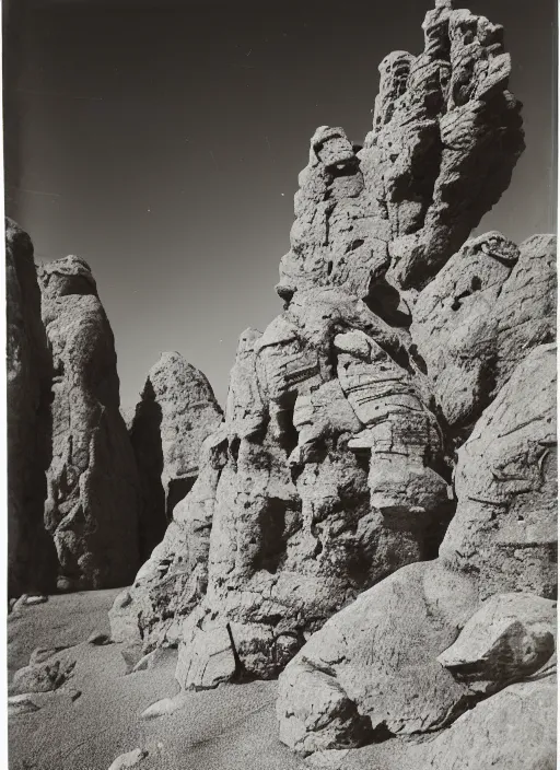 Prompt: Photo of rock formations towering over sparse desert vegetation among rocks and boulders, Utah, albumen silver print, Smithsonian American Art Museum