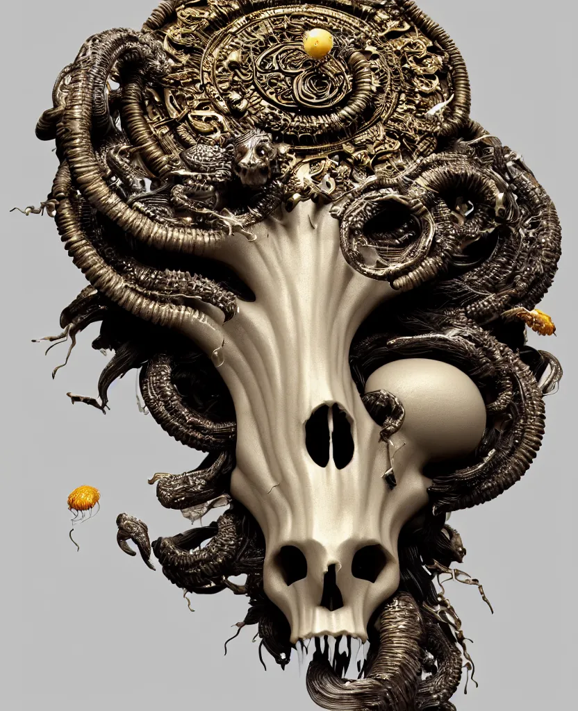 Image similar to goddess princess face close-up portrait ram skull. sculpture made of black clay and gold. jellyfish phoenix head, nautilus, orchid, skull, betta fish, bioluminiscent creatures, intricate artwork by Tooth Wu and wlop and beeple. octane render, trending on artstation, greg rutkowski very coherent symmetrical artwork. cinematic, hyper realism, high detail, octane render, 8k