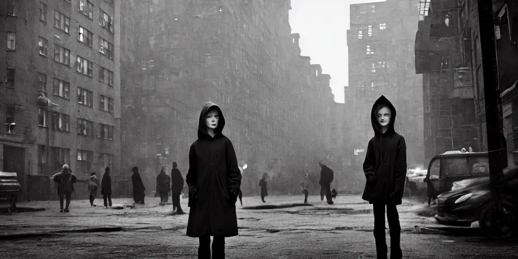 Image similar to sadie sink in hoodie at umbrella stand in ruined square, pedestrians on both sides ignore her, old tenements in background : grainy b & w 1 6 mm film, 2 5 mm lens, single long shot from schindler's list by steven spielberg. cyberpunk, steampunk. cinematic atmosphere and composition, detailed face, perfect anatomy