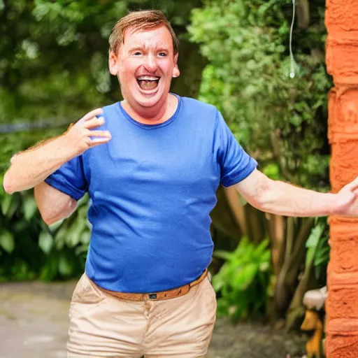 Image similar to a happy english irish middle aged man with brown moptop hair and red cheeks is wearing a blue tshirt and shorts. he dances with his arms excitedly like a chicken in his kitchen