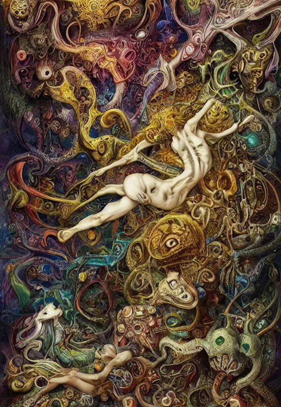 Image similar to simplicity, colorful muscular eldritch animals and bodies radiating town fractal, mandala white bones, colorful gems, by h. r. giger and esao andrews and maria sibylla merian eugene delacroix, gustave dore, thomas moran, pop art, chiaroscuro, biopunk, art nouveau