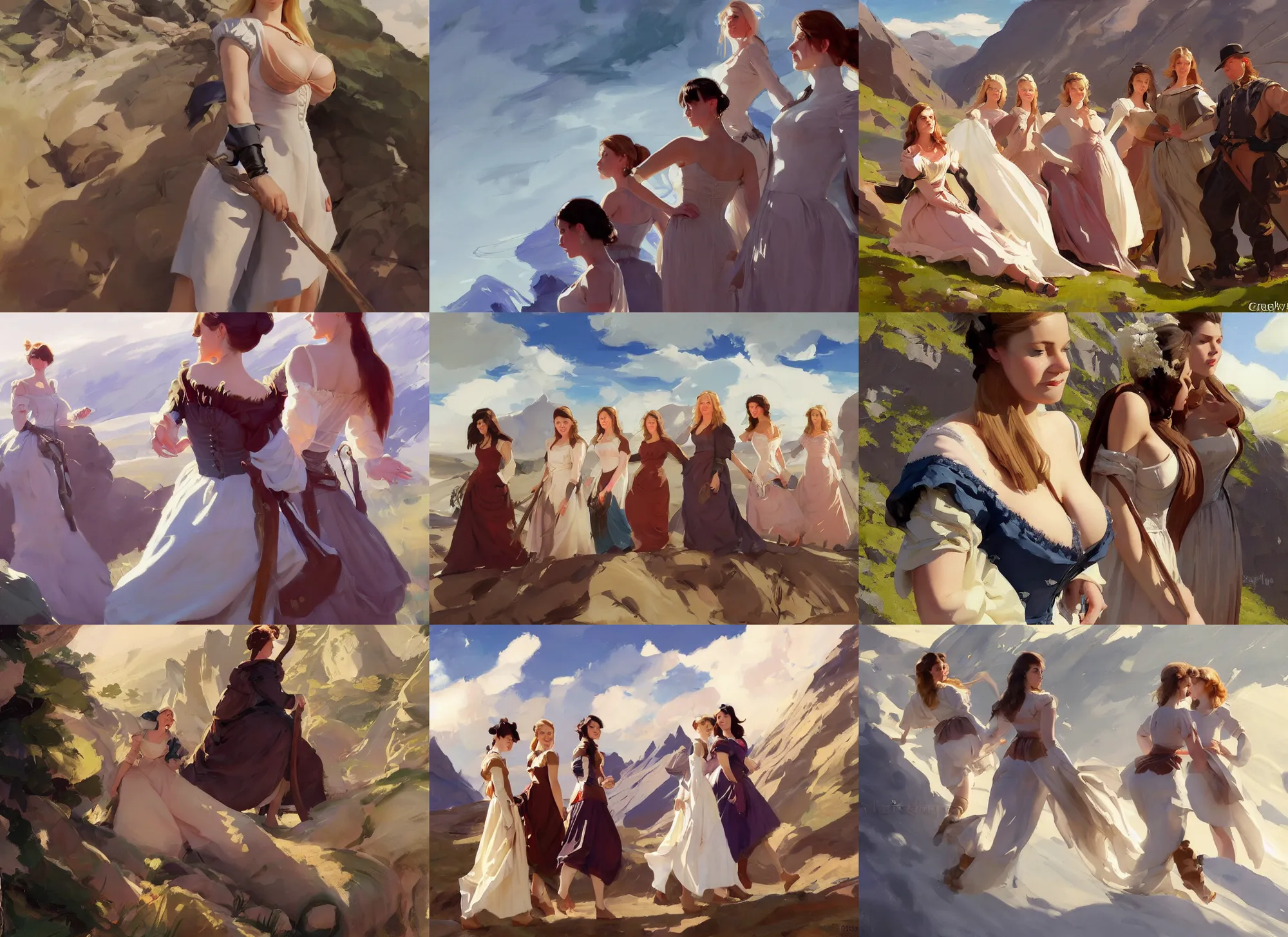 Image similar to five of beautiful finnish norwegian swedish scandinavian attractive glamour models wearing 1 7 th century bodice with low neckline walking in the mountains in a sunny day, jodhpurs greg manchess painting by sargent and leyendecker, studio ghibli fantasy close - up shot asymmetrical intricate elegant matte painting illustration hearthstone, by greg rutkowski by greg tocchini by james gilleard