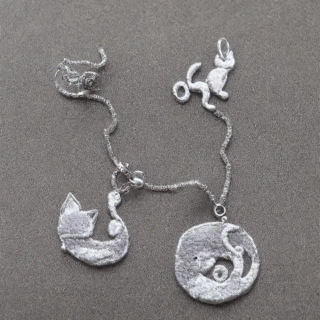 Image similar to Silver embroidered amulet, realistic, clean, cat,