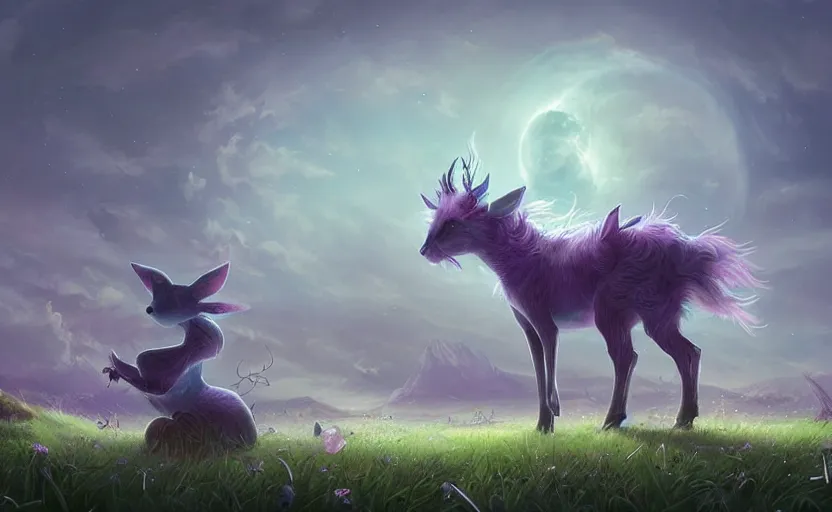 Image similar to a whimsical magical glowing creature in a field, beautiful, cool dynamic lighting, moonlight, atmospheric, cinematic, highly detailed digital art, painted by scott musgrove