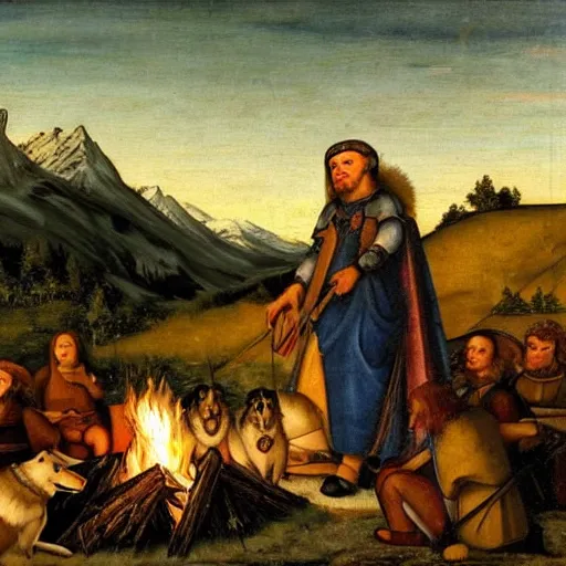 Image similar to alaskan malamute behind campfire in medieval setting, as a renaissance painting