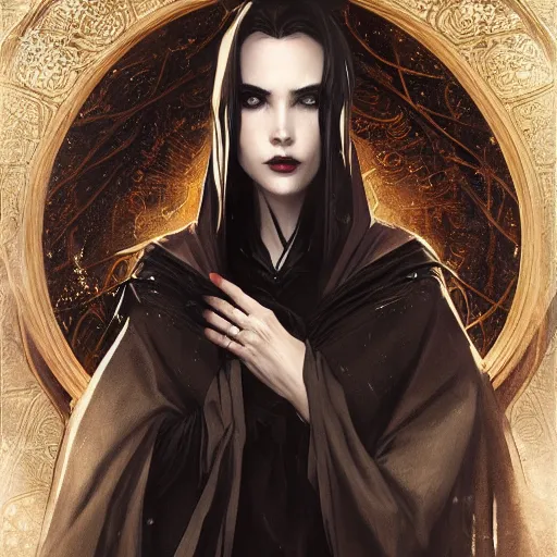 Image similar to portrait of old pale vampire knight, wearing dark cloak, elegant, intricate, headshot, highly detailed, digital painting, artstation, concept art, sharp focus, illustration, art by artgerm and greg rutkowski and alphonse mucha