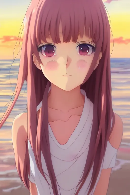 Prompt: anime art full body portrait character concept art, anime key visual of young female, salmon pink straight bangs and large eyes, finely detailed perfect face delicate features directed gaze, on the beach at sunset, trending on pixiv fanbox, studio ghibli, extremely high quality artwork