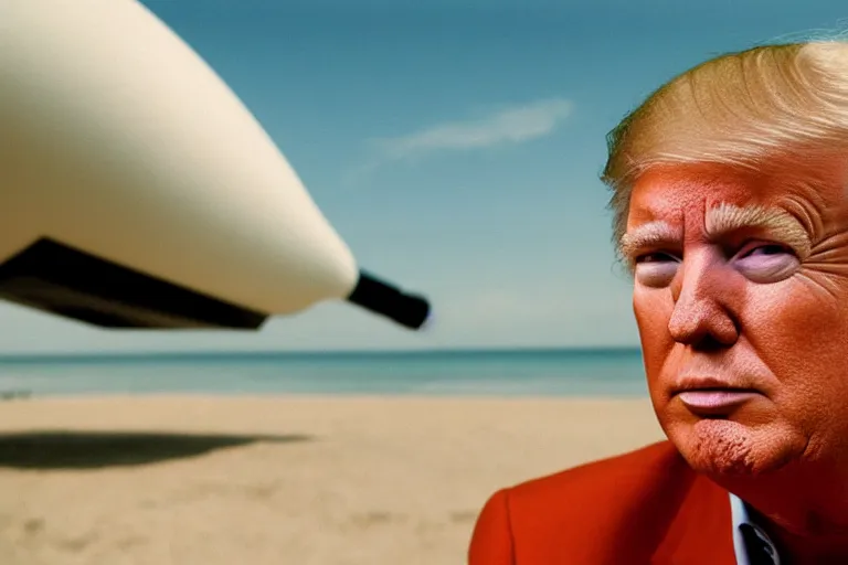 Image similar to closeup portrait of donald trump at a beach resort with a nuclear warhead in the background, natural light, sharp, detailed face, magazine, press, photo, steve mccurry, david lazar, canon, nikon, focus