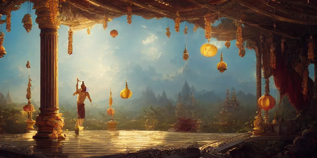 Prompt: painting of a god of wind enjoying his ornate heavenly palace, decorated with windchimes and paper lanterns, stunning nature in background, cinematic, 8 k, hyper detailed, art by greg rutkowski