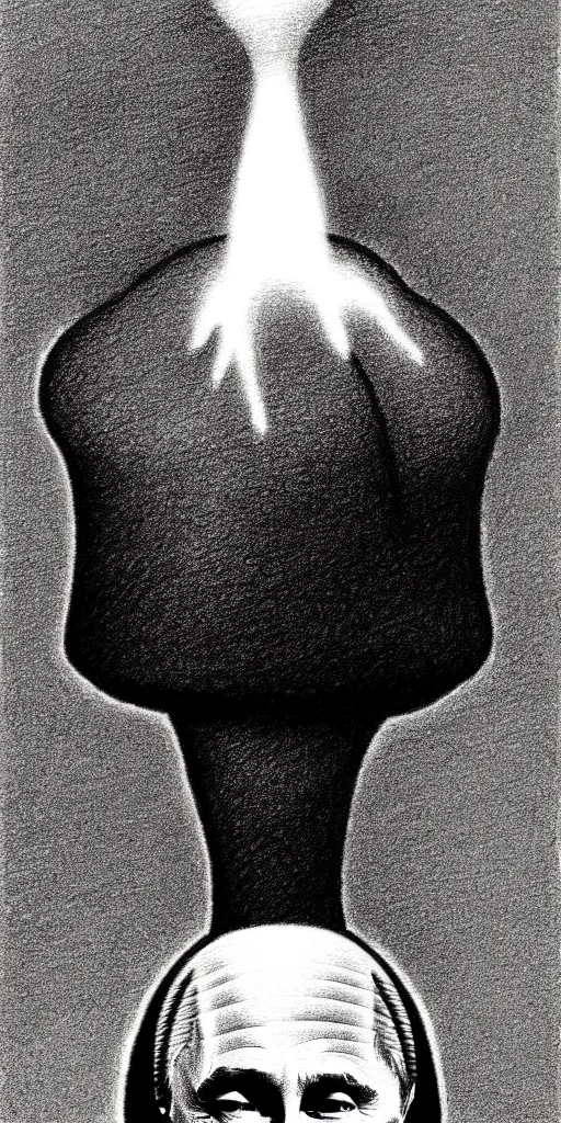 Image similar to vladimir putin wearing a nuclear mushroom cloud for a hat, cartoonish, ultra detailed pencil drawing, medium perspective