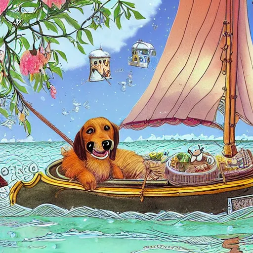 Prompt: a masterpiece detailed illustration of a very cute dog on a boat. the scene is detailed and beautiful, and combines the style of michael foreman, gyo fujikawa, and jane clarke.