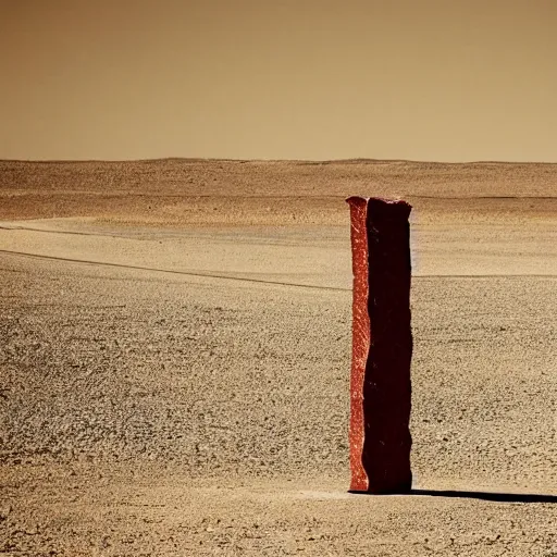 Prompt: a monolith made of meat in a desolate, charred desert