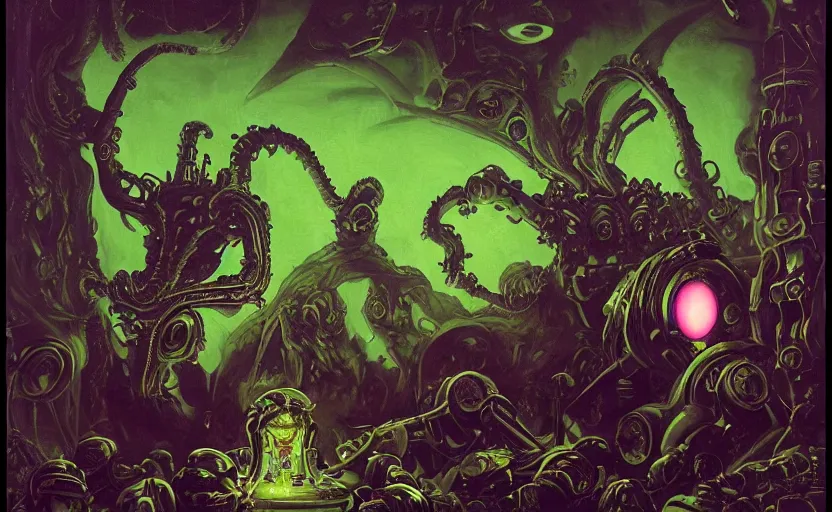 Prompt: a baroque neoclassicist science fiction of retrofuturistic alien black lovecraftian technology with glowing eyes gazing intensely, surrounded by deep green and purple foggy black background. renaissance portrait painting. highly detailed science fiction painting by norman rockwell, frank frazetta, and syd mead. rich colors, high contrast, gloomy atmosphere, dark background. trending on artstation.