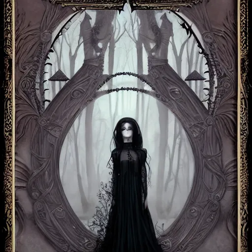 Prompt: curiosities carnival fashion show in wonderland, soft paint of a single elegant goth sorceress in a full long dress, symmetry accurate features, horror, tentacles, darkness, fog, focus, madness, insanity, very intricate ultrafine details, award winning masterpiece, tom bagshaw artstyle