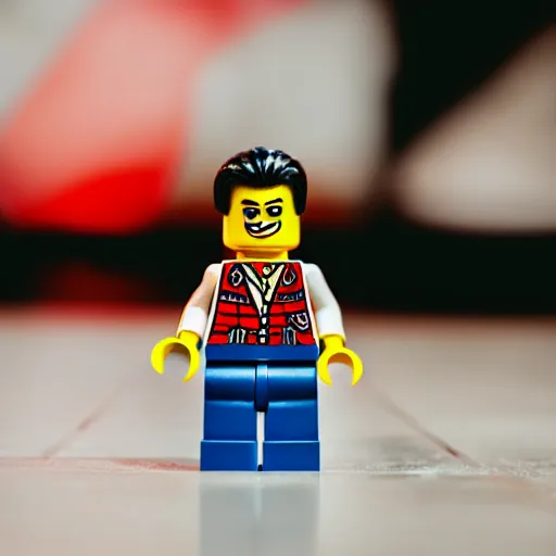 Prompt: macro photograph of a lego minifig of elvis presley