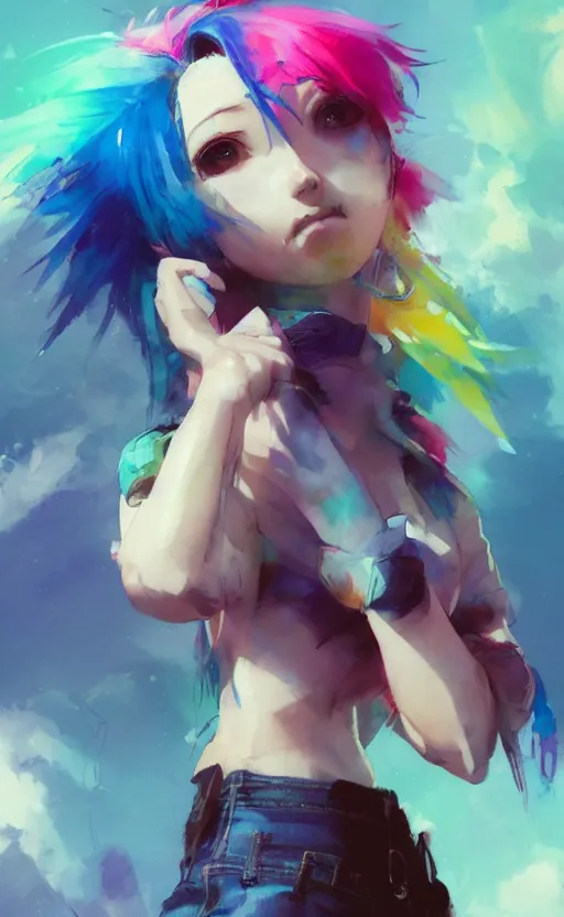 Image similar to a cute woman with rainbow hair dancing, kawaii shirt and jeans, kawaii chibi unicorn friend, In style of Yoji Shinkawa, wojtek fus, by Jordan Grimmer and greg rutkowski, concept art, highly detailed