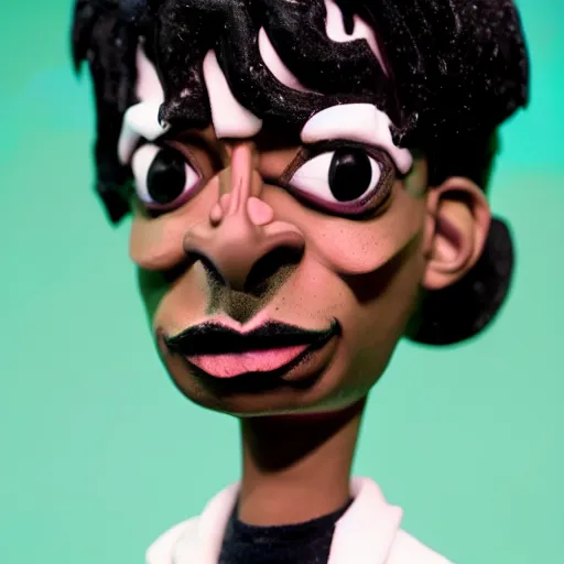 Image similar to a cartoon claymation medium close up sculpture of Playboi Carti, in the style of Tim Burton