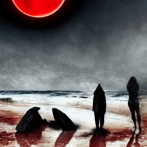 Prompt: berserk eclipse scene in the beach, dark, fear, high detail, clean, red, eclipse, beach, blood, wallpaper, high quality,