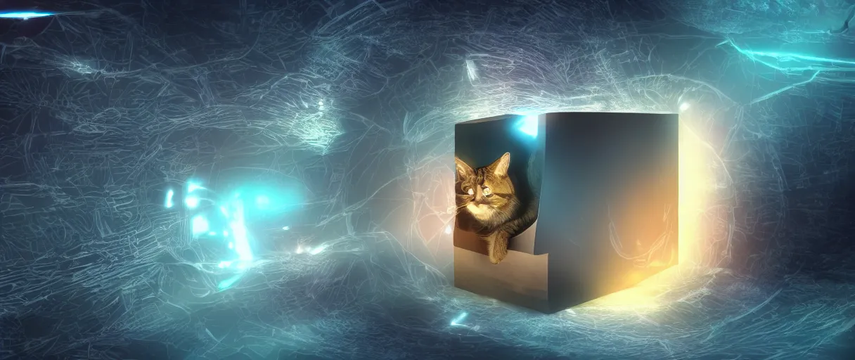 Image similar to futuristic illustarion of schrodinger's cat in a box, quantum paradox, dead and alive, quantum superposition, waves and particles, wave function, scifi style, concept art, artsation, 4 k resolution