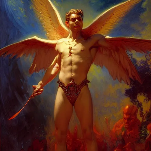 Prompt: handsome lucifer morning star casting a spell to raise hell unto heaven. highly detailed painting by gaston bussiere, craig mullins, j. c. leyendecker, 8 k