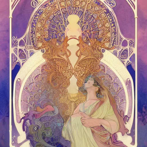 Image similar to god, highly detailed, very intricate, art nouveau, gold filigree, soft cinematic lighting, award winning, tarot concept art watercolor illustration by mandy jurgens and alphonse mucha and alena aenami, pastel color palette, featured on artstation
