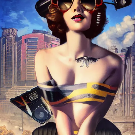 Prompt: a portrait 1 9 2 0 style pinup girl with sunglasses by sandra chevrier, detailed render, epic composition, cybernetics, 4 k realistic, cryengine, realistic shaded lighting, sharp focus, masterpiece, by matteo scalera, gary montalbano, peter elson in the style of the tokyo ghost comic